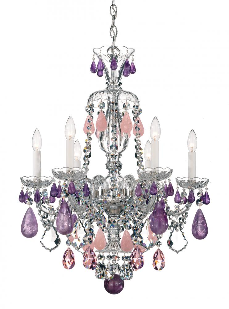 Hamilton Rock Crystal 6 Light 120V Chandelier in Polished Silver with Amethyst/Rose/Clear Rock Cry