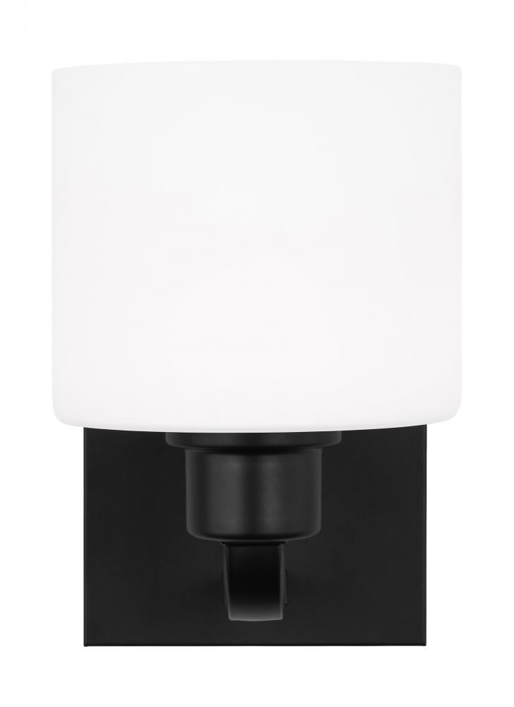 Canfield indoor dimmable LED 1-light wall bath sconce in a midnight black finish and etched white gl