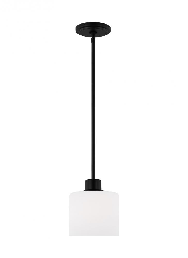 Canfield indoor dimmable LED 1-light mini pendant in a midnight black finish with white etched glass
