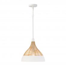  353911WE - 1-Light Boho Pendant in Matte White with Handcrafted Natural Rattan