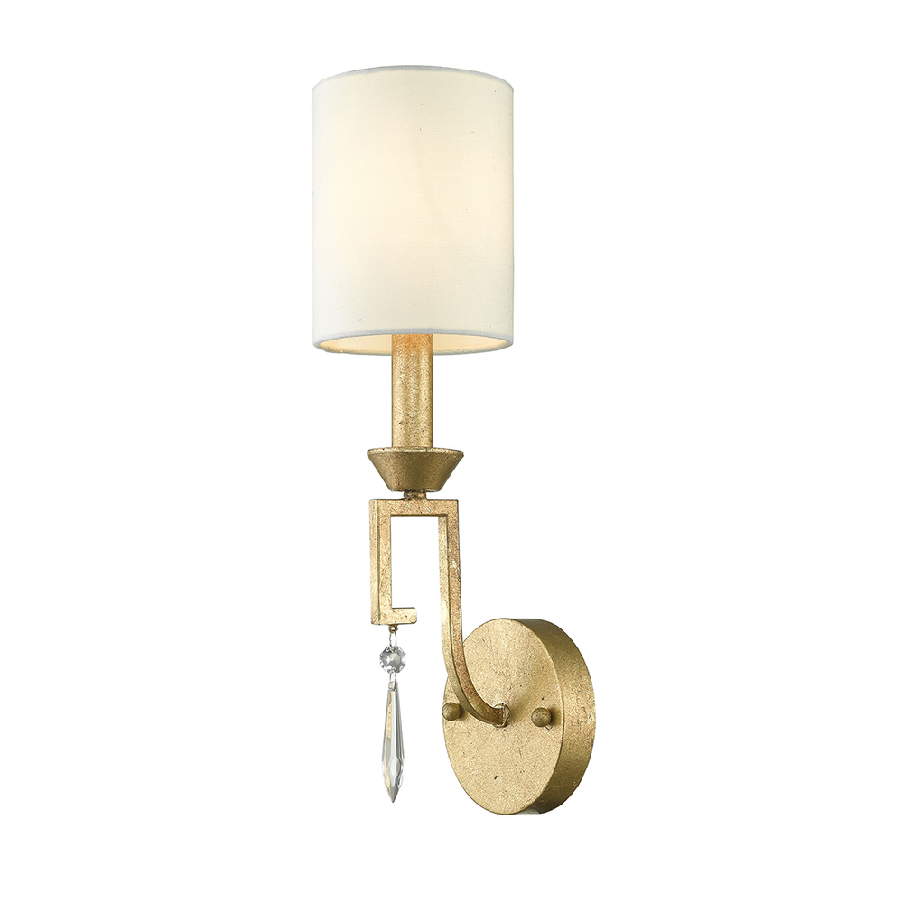Small Lemuria Sconce with white Drum Shade and crystal accent in Warm Gold