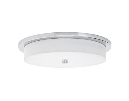 Single LED Flush Mount Ceiling Fixture with Round White Linen Shade.