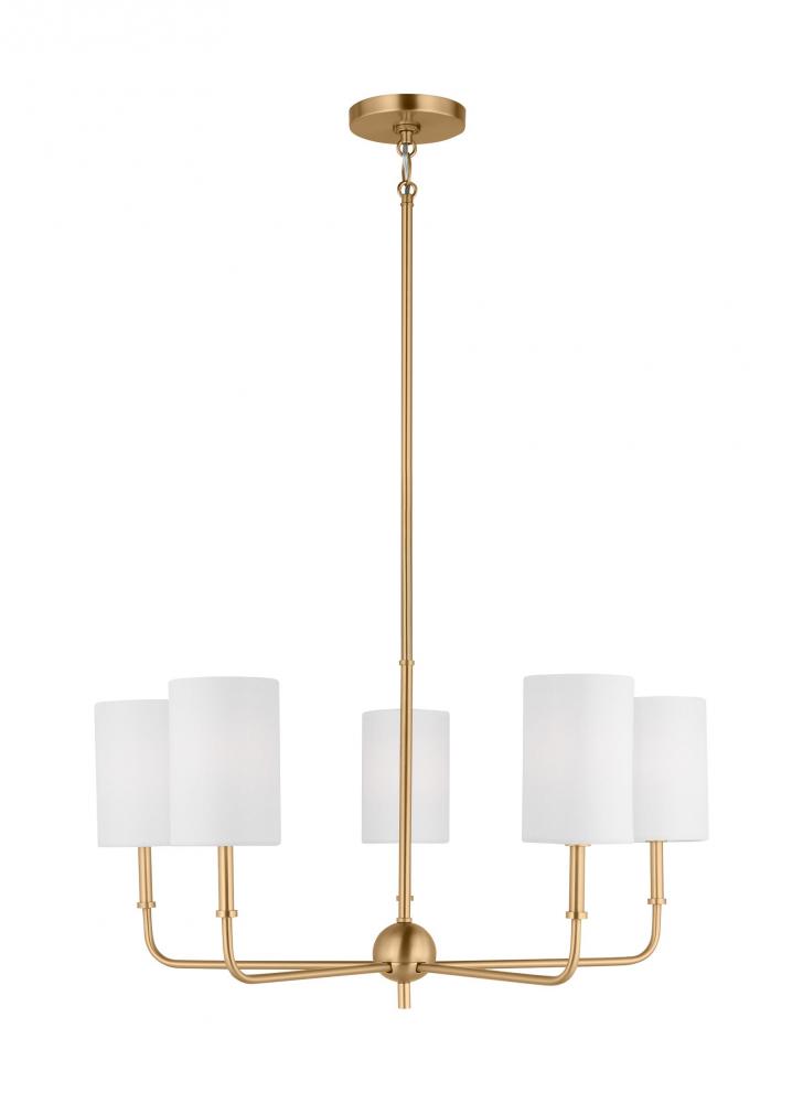 Foxdale transitional 5-light indoor dimmable chandelier in satin brass gold finish with white linen