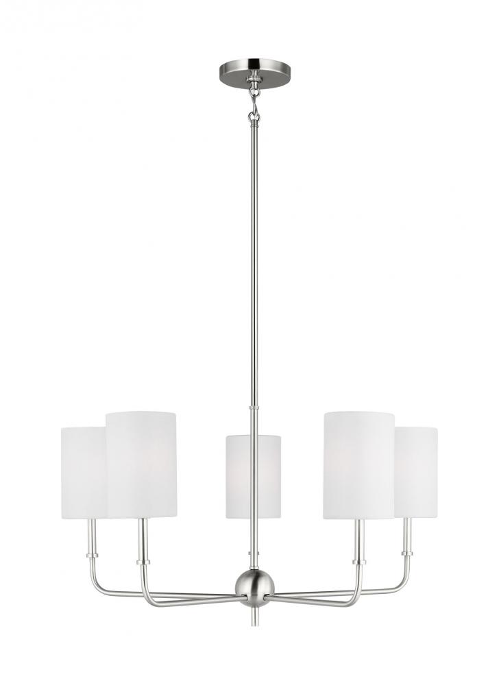 Foxdale transitional 5-light indoor dimmable chandelier in brushed nickel silver finish with white l