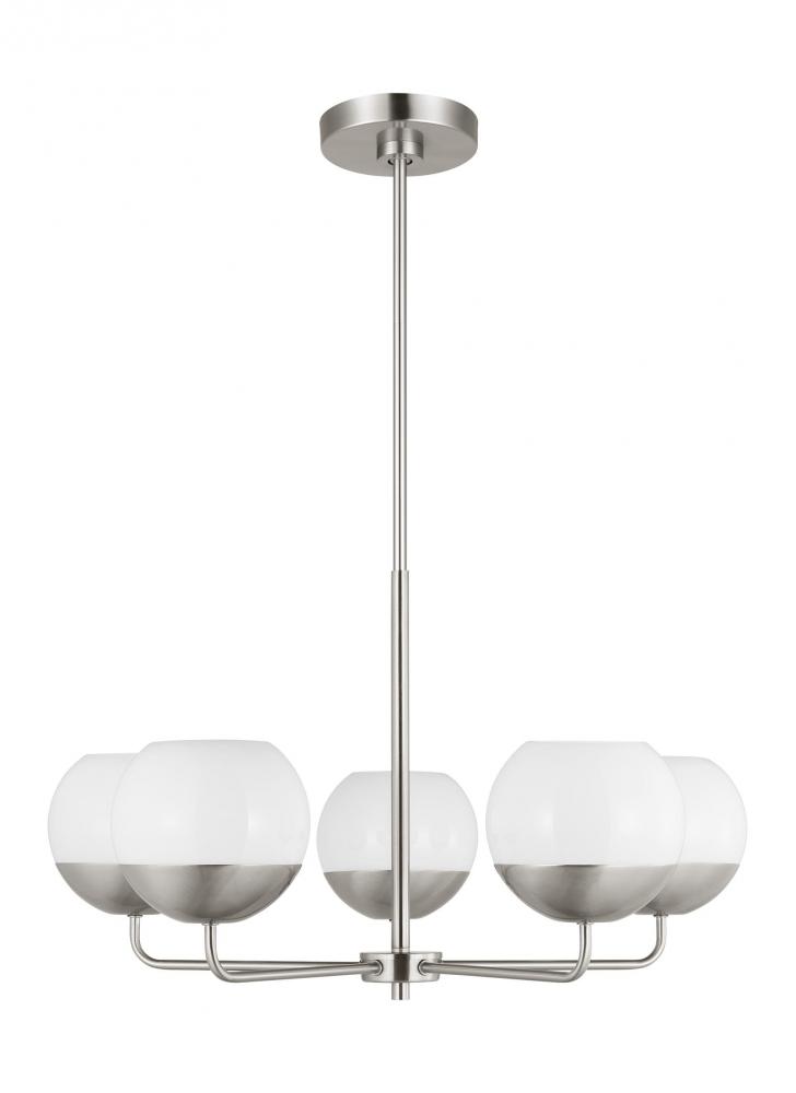 Alvin modern 5-light indoor dimmable chandelier in brushed nickel silver finish with white milk glas