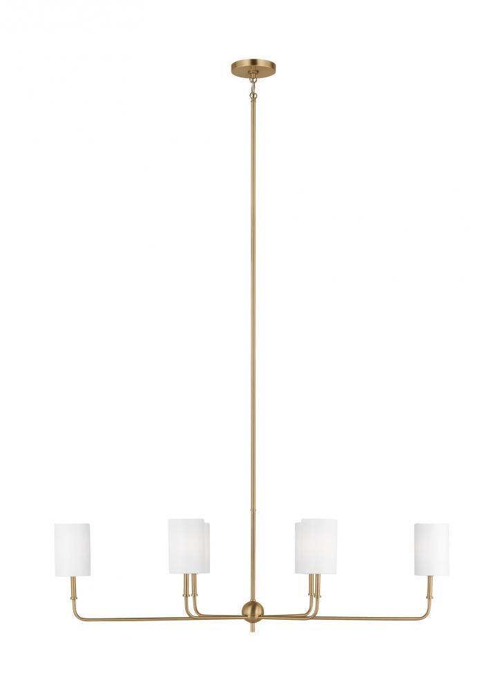 Foxdale transitional 6-light indoor dimmable linear chandelier in satin brass gold finish with white
