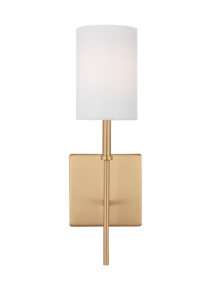 Foxdale transitional 1-light indoor dimmable bath sconce in satin brass gold finish with white linen