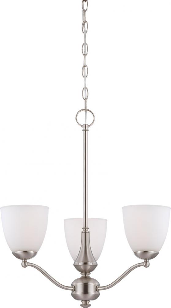 Patton - 3 Light Chandelier (Arms Up) with Frosted Glass - Brushed Nickel Finish