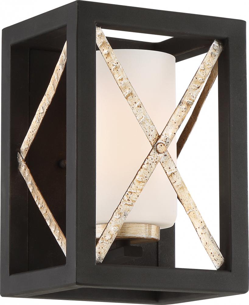 Boxer - 1 Light Wall Sconce with Satin White Glass - Matte Black Finish with Antique Silver Accents