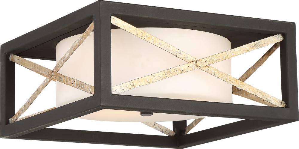 Boxer - 2 Light Flush Fixture with Satin White Glass - Matte Black Finish with Antique Silver