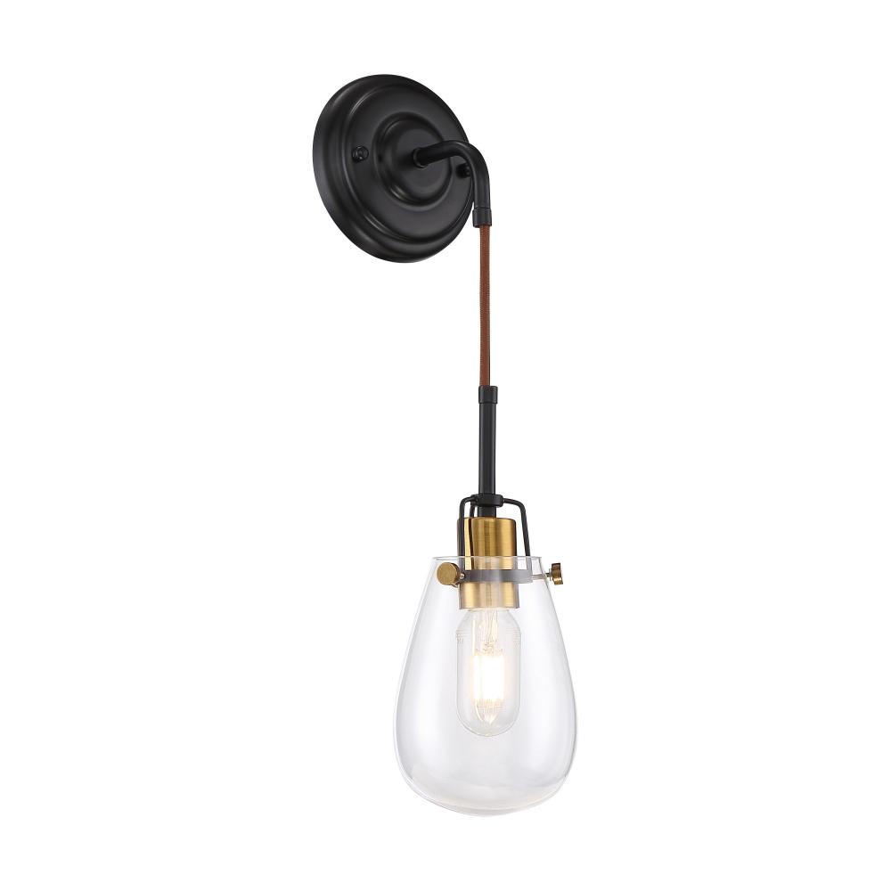 Toleo- 1 Light Wall Sconce - with Clear Glass - Black Finish with Vintage Brass Accents