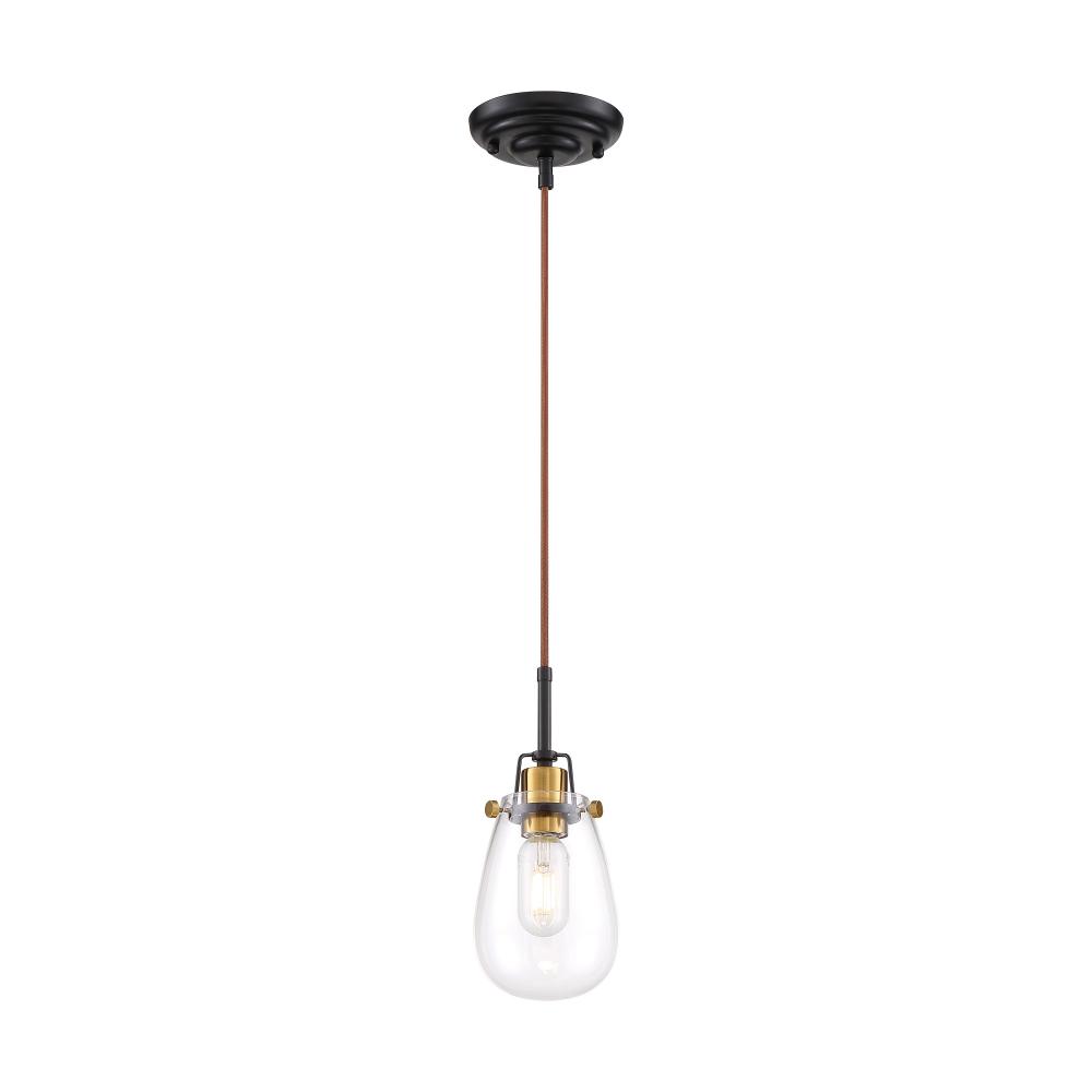 Toleo- 1 Light Mini Pendant - with Clear Glass - Black Finish with Vintage Brass Accents