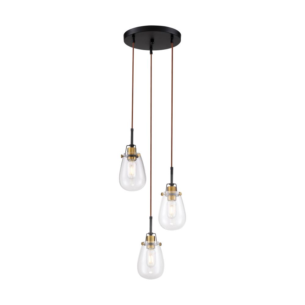 Toleo- 3 Light Pendant - with Clear Glass-Black Finish with Vintage Brass Accents