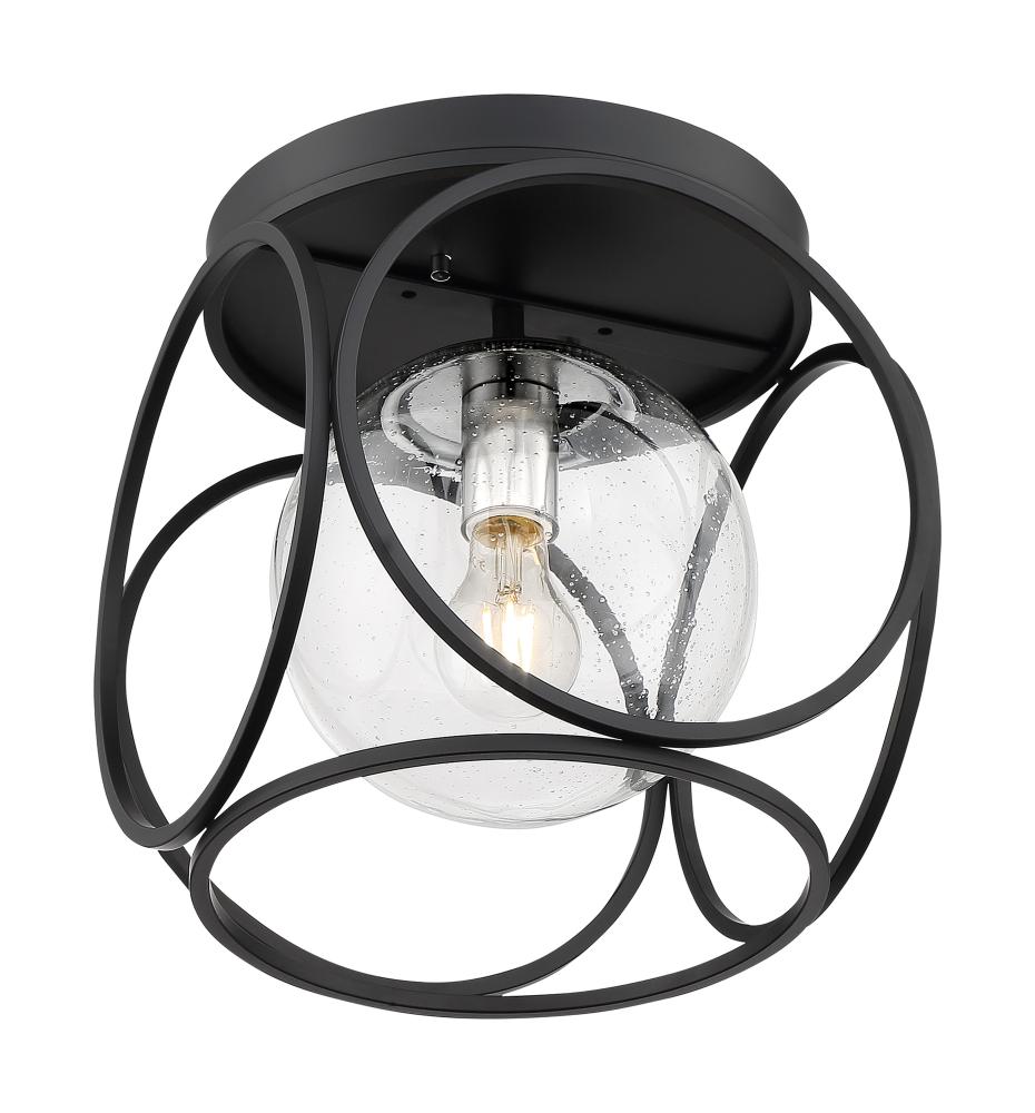 Aurora - 1 Light Flush Mount with Seeded Glass - Black and Polished Nickel Finish