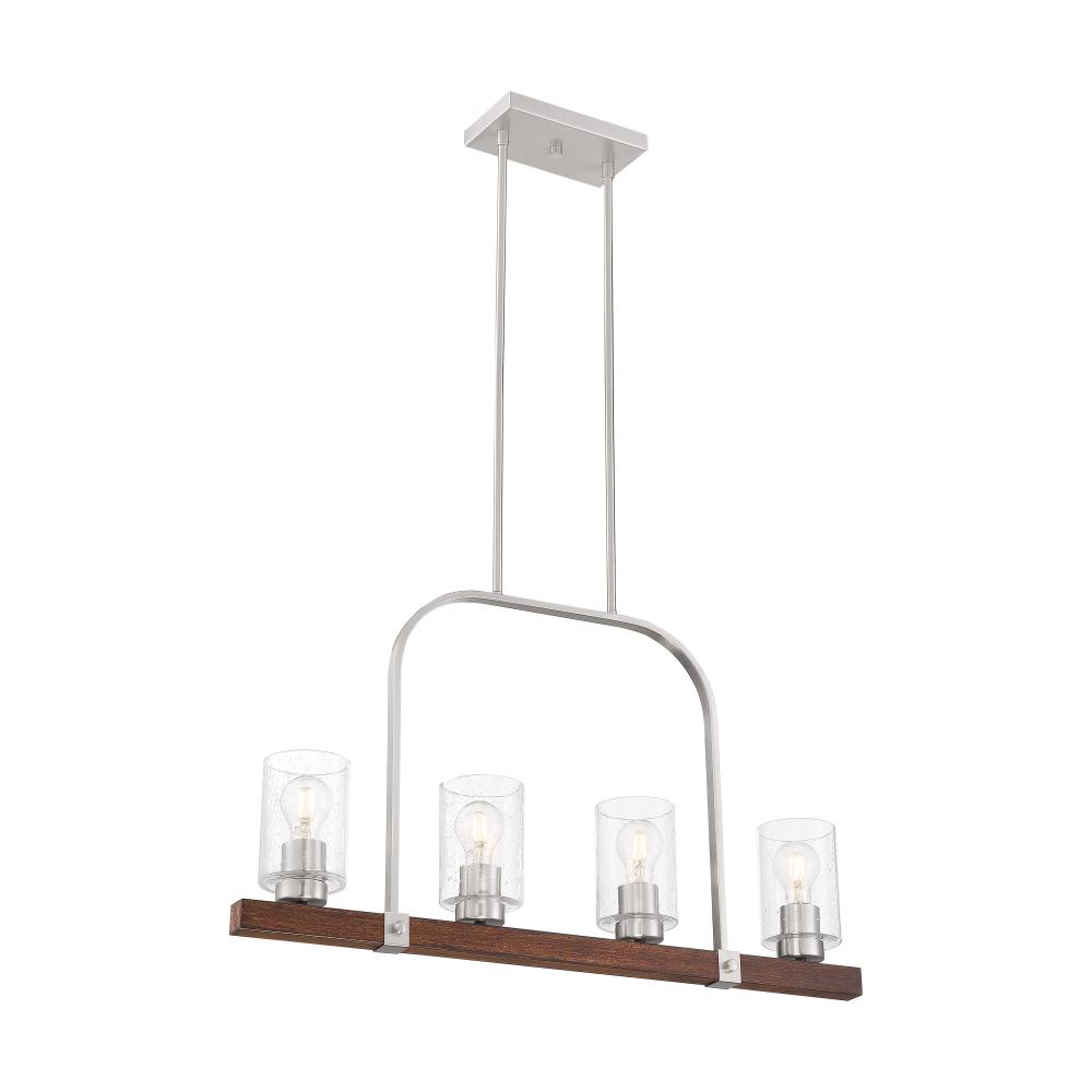 Arabel - 4 Light Island Pendant - with Clear Seeded Glass -Brushed Nickel and Nutmeg Wood Finish