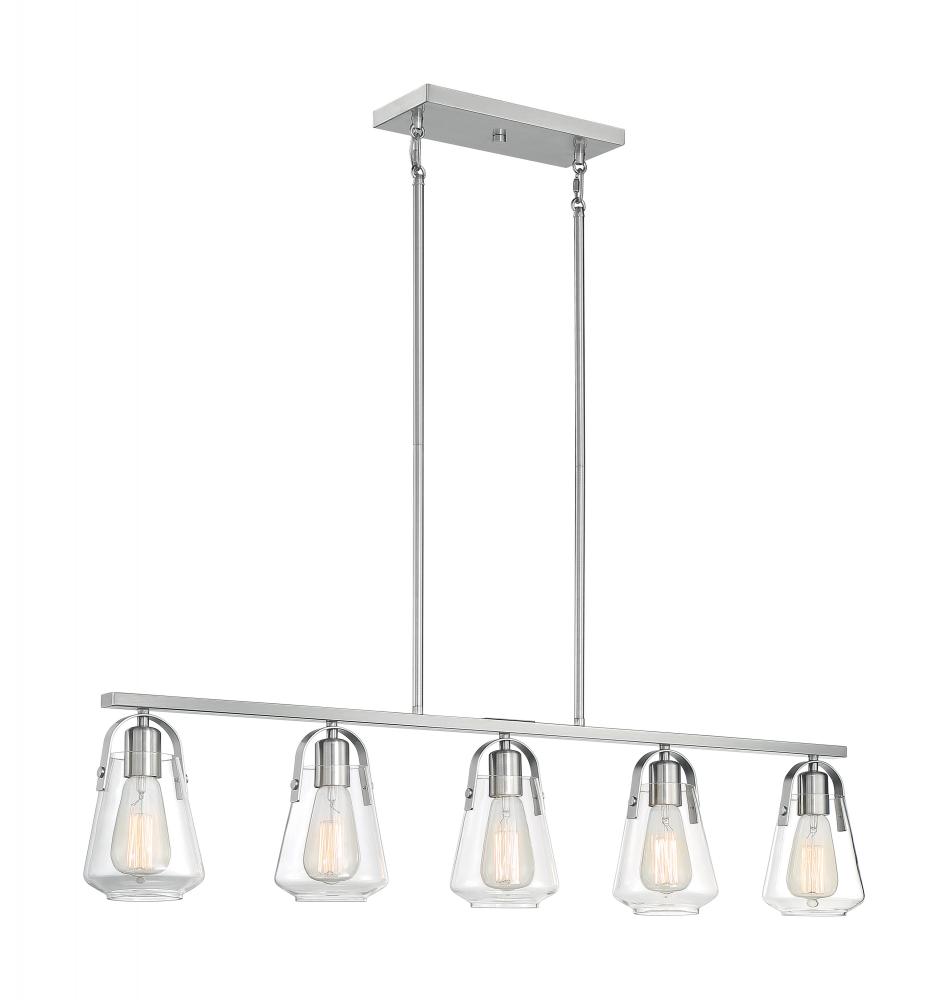 Skybridge - 5 Light Island Pendant with Clear Glass - Brushed Nickel Finish