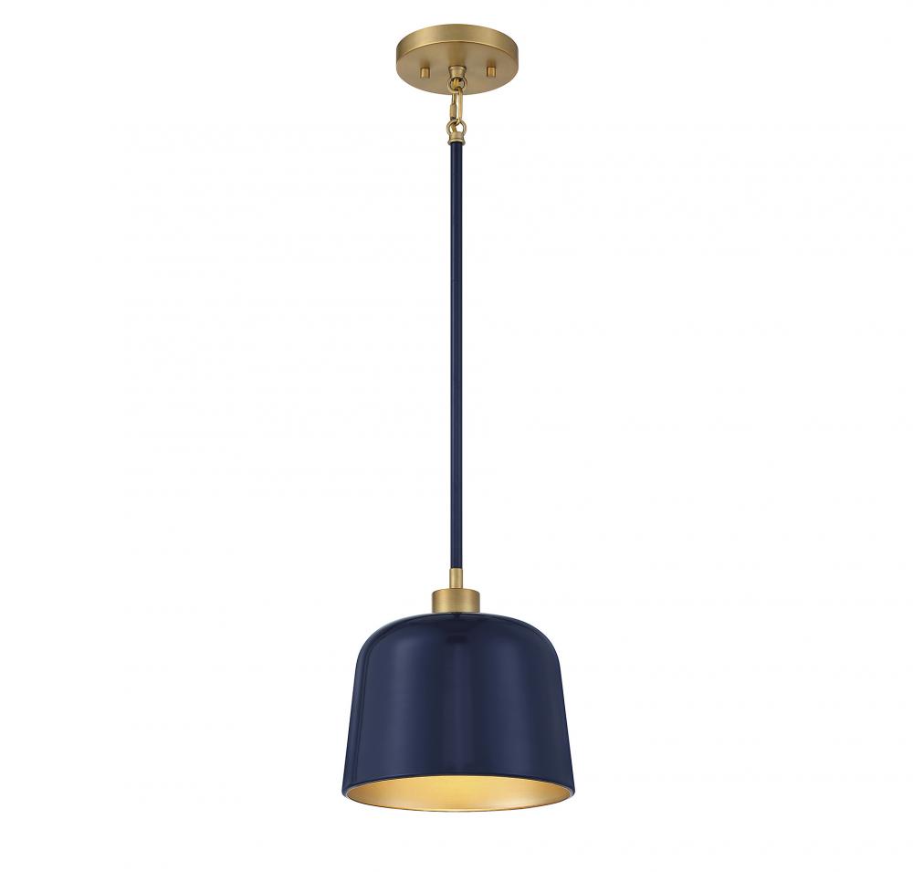 1-Light Pendant in Navy Blue with Natural Brass