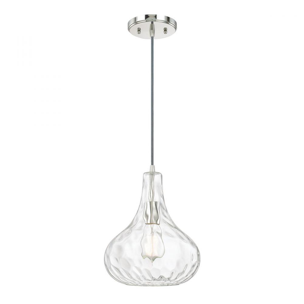 1-Light Clear Water Glass Pendant in Polished Nickel