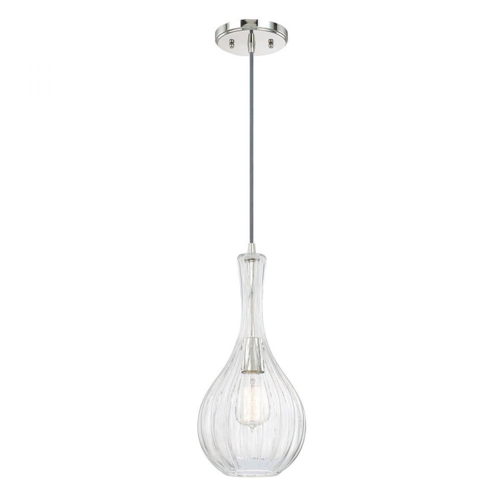 1-Light Pendant in Polished Nickel with Clear Water Glass