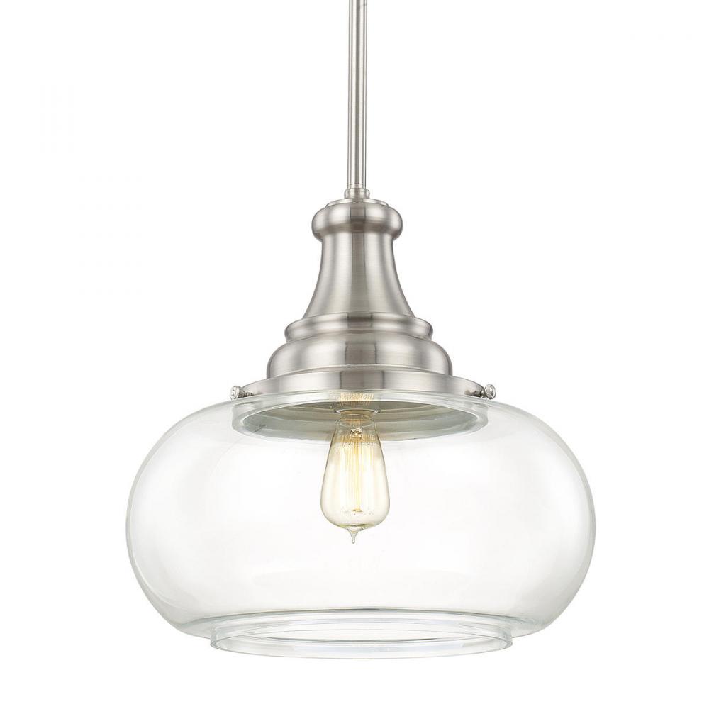 1-Light Pendant in Brushed Nickel with Clear Glass Shade