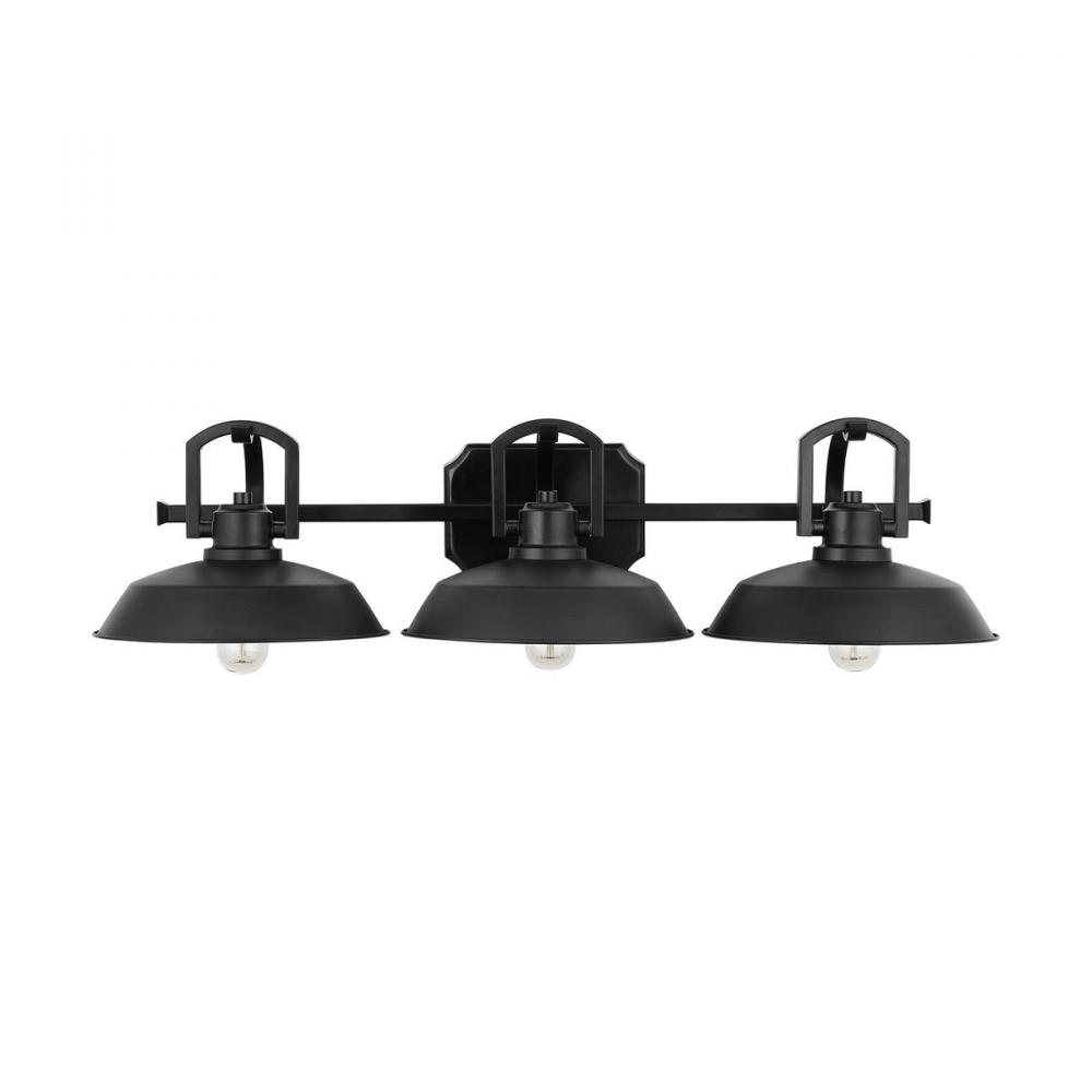 3-Light Vanity in Matte Black with Industrial Farmhouse Metal Shades