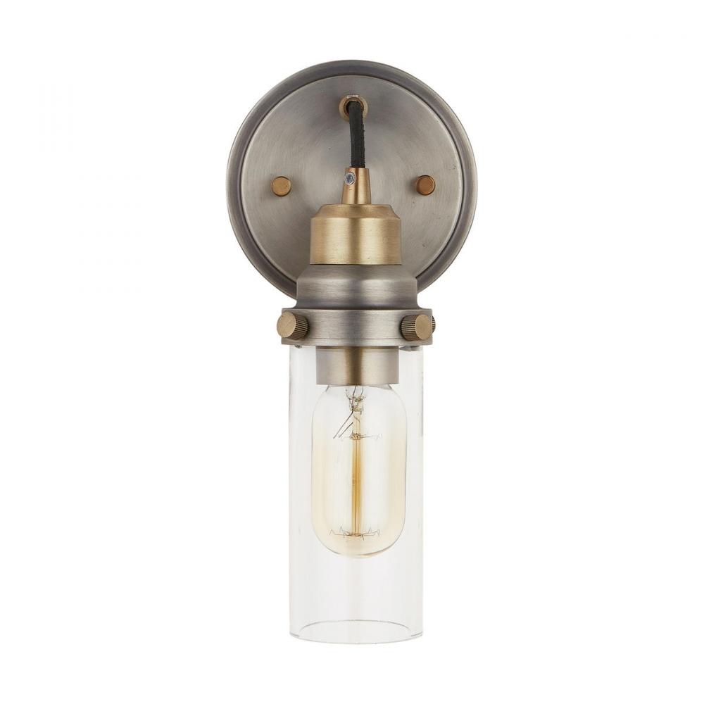 1-Light Sconce with Clear Glass Shade in Graphite and Aged Brass