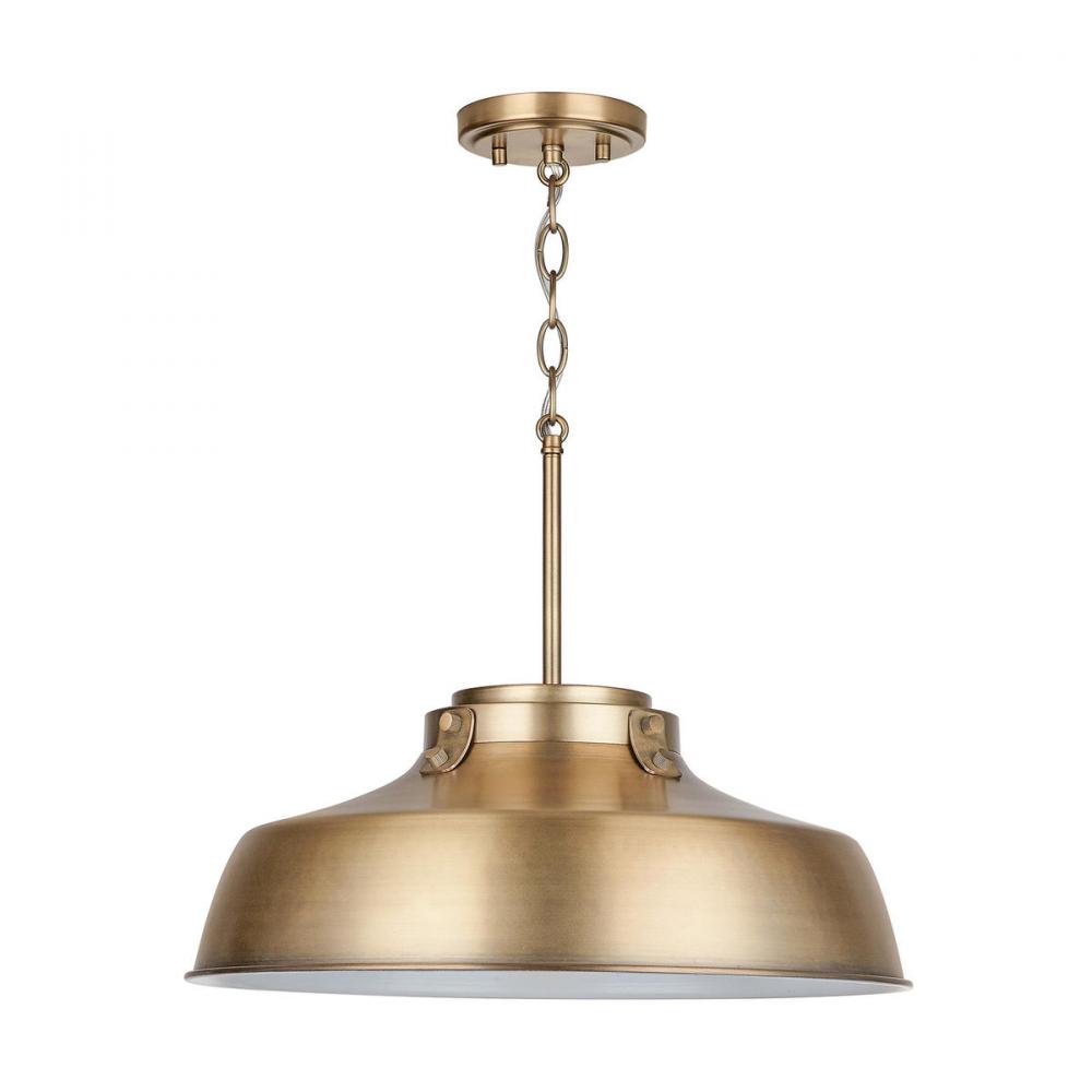 1-Light Industrial Metal Shade Pendant - Aged Brass with White Interior
