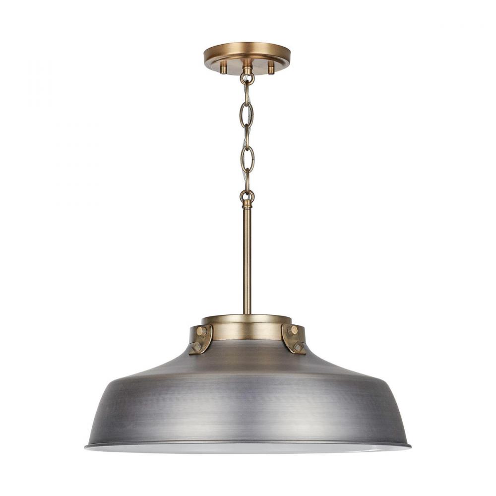 1-Light Industrial Metal Shade Pendant - Antique Nickel and Aged Brass with White Interior
