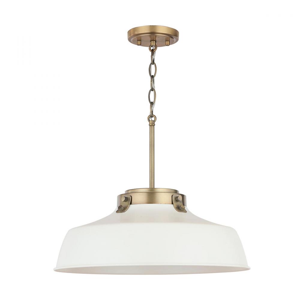 1-Light Industrial Metal Shade Pendant - Matte White and Aged Brass with White Interior