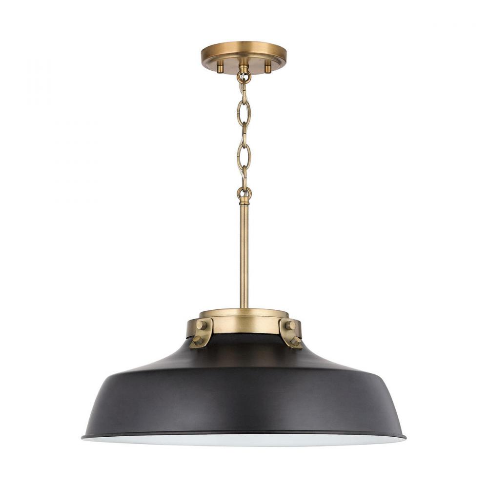 1-Light Industrial Metal Shade Pendant - Matte Black and Aged Brass with White Interior