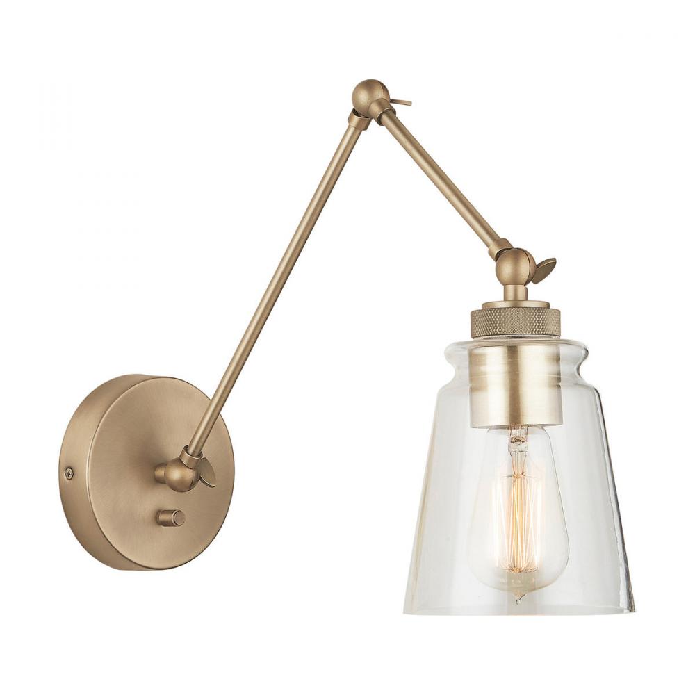 1-Light Clear Glass Sconce with Adjustable Arm and Shade in Aged Brass