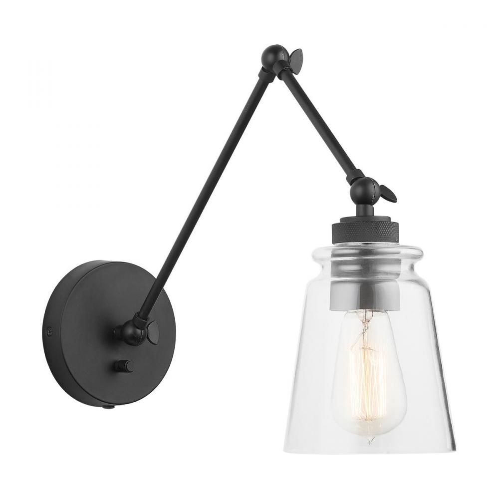 1-Light Clear Glass Sconce with Adjustable Arm and Shade in Matte Black