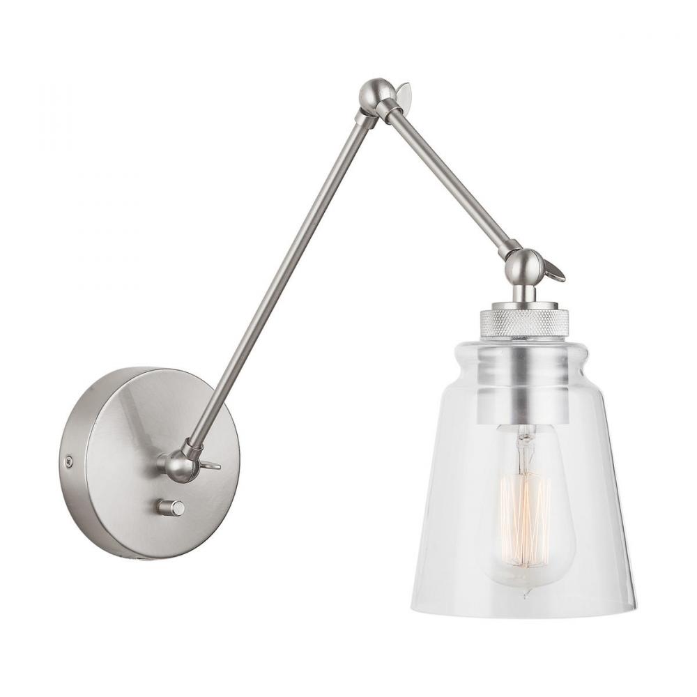1-Light Clear Glass Sconce with Adjustable Arm and Shade in Brushed