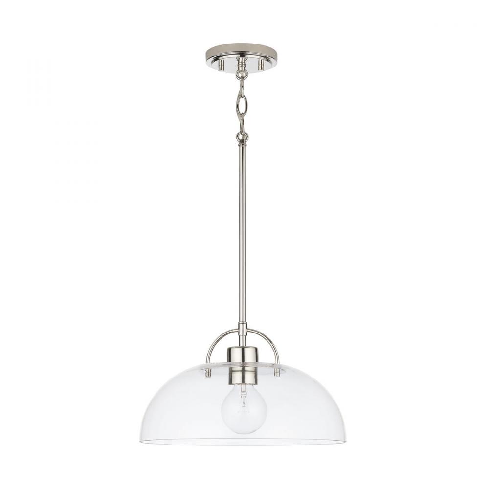 1-Light Pendant in Polished Nickel with Clear Glass Dome Shade