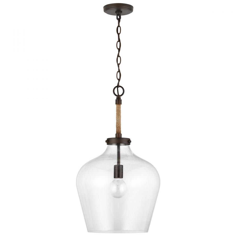 1-Light Clear Seeded Glass Tapered Urn Pendant with Natural Jute Rope Accent in Bronze