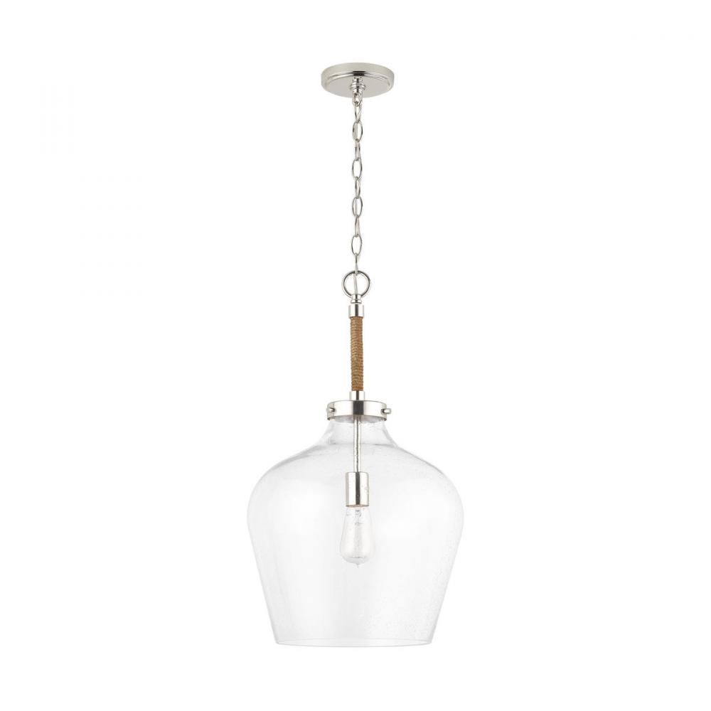 1-Light Clear Seeded Glass Tapered Urn Pendant with Natural Jute Rope Accent in Nickel