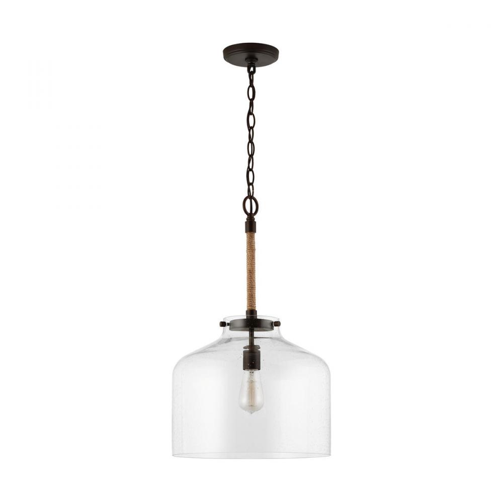 1-Light Clear Seeded Glass Wide Cloche Pendant with Natural Jute Rope Accent in Bronze