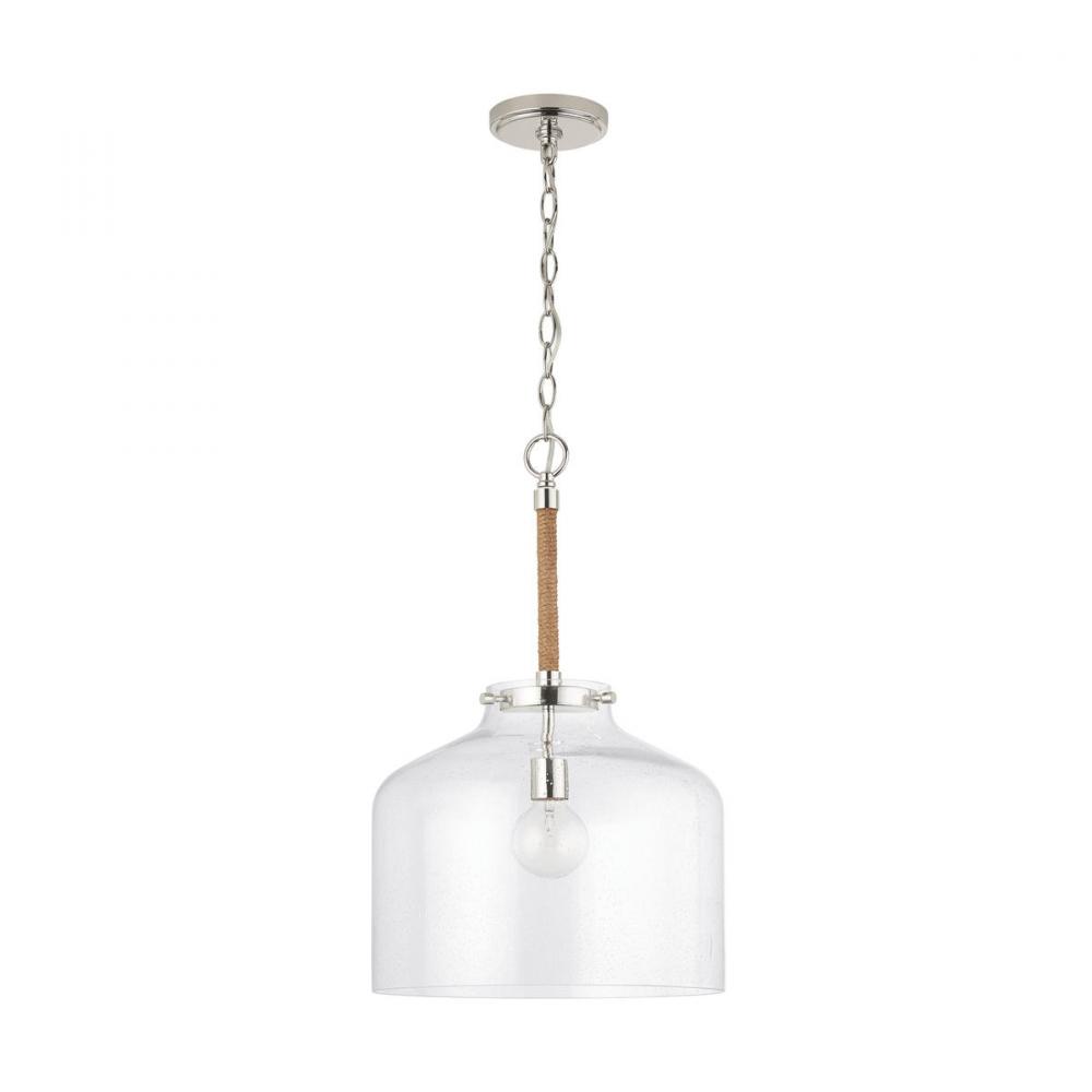 1-Light Clear Seeded Glass Wide Cloche Pendant with Natural Jute Rope Accent in Nickel
