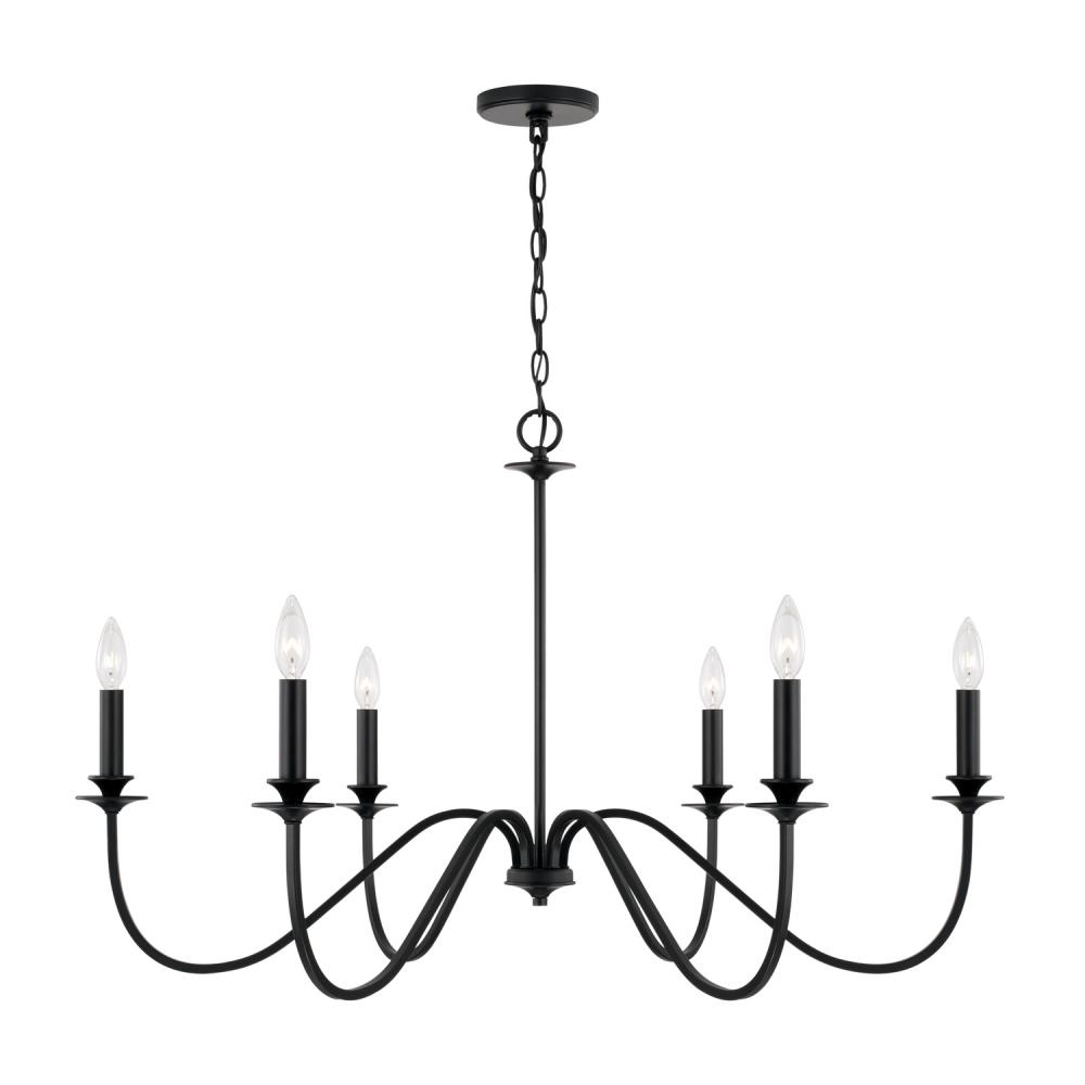 6-Light Chandelier in Matte Black with Decorative Double Bobeches