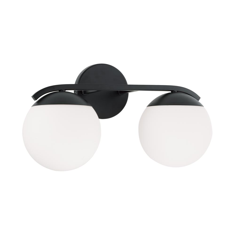 17"W x 9.50"H 2-Light Vanity in Matte Black with Soft White Glass Globes