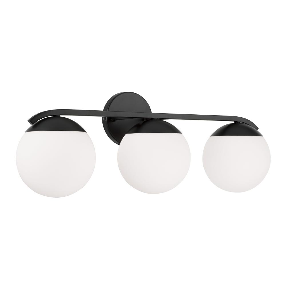 25.50"W x 9.50"H 3-Light Vanity in Matte Black with Soft White Glass Globes